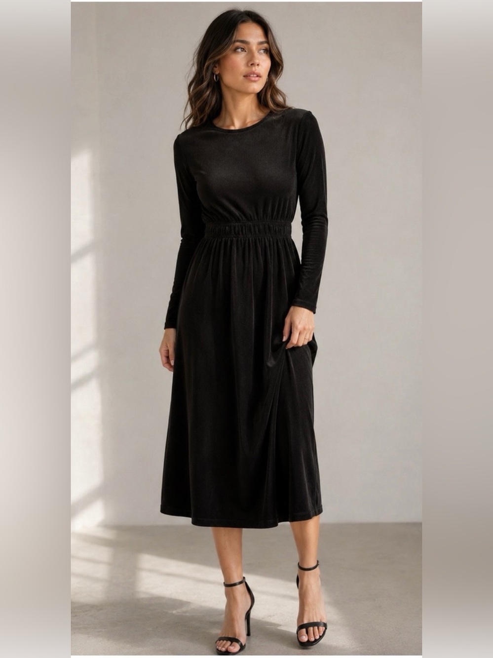 Zara Black Ribbed Midi Dress Long Sleeve Fitted Waist Size M NWOT